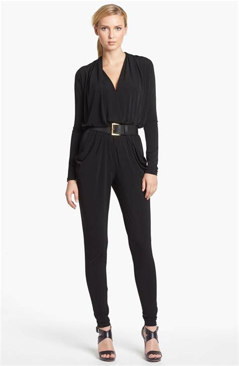 michael kors long sleeve navy jumpsuit|Michael Kors belted denim jumpsuit.